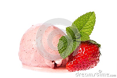 A scoop of strawberry - ice cream with strawberry and mint isolated on white background Stock Photo