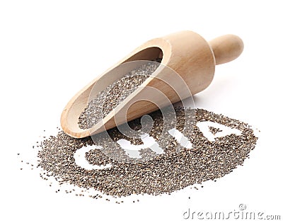 Scoop and word CHIA written in pile of seeds Stock Photo