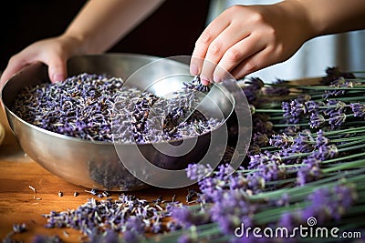 scooping up dried lavender buds for lavender tea Stock Photo