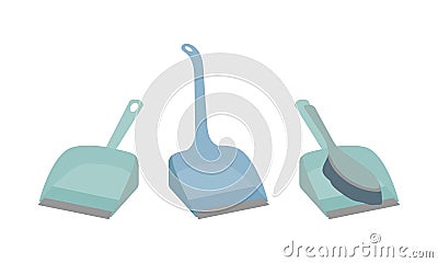 Scoops for cleaning. Dustpan with brush for cleaning dust and dirt. Plastic shovel with handle for sweeping Vector Illustration