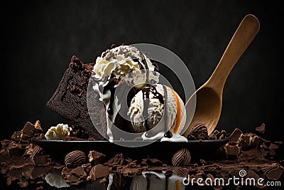scoops vanilla ice cream in chocolate illustration Generative AI Cartoon Illustration