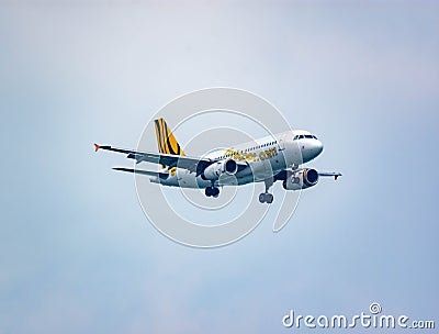 SCOOT AIRLINE airplane during landing at Changi International Airport, Singapore, March 30, 2020 Editorial Stock Photo