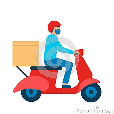 Scooter courier with box goods, delivery man in respiratory mask. Online delivery service, delivery home. Vector illustration Vector Illustration