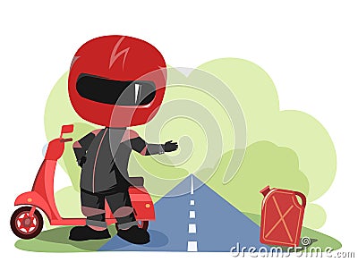 Scooter driver. Biker Cartoon. Child illustration. Asks for fuel. In a sports uniform and a red helmet. Cool Vector Illustration