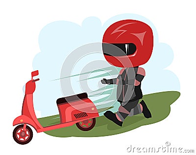 Scooter driver. Biker Cartoon. Child illustration. Catching up. In a sports uniform and a red helmet. Cool motorcyclist Vector Illustration