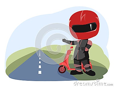 Scooter driver. Biker Cartoon. Child illustration. Invites you to a trip. In a sports uniform and a red helmet. Cool Vector Illustration