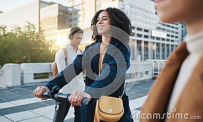 Scooter, happy and business woman with transport in the city for sustainability, clean energy and eco friendly in Canada Stock Photo