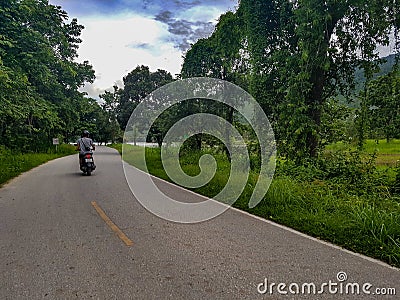 Scooter middle yellow lane street road asphalt trees green grass field agriculture hill mountain reservoir chiang mai Stock Photo