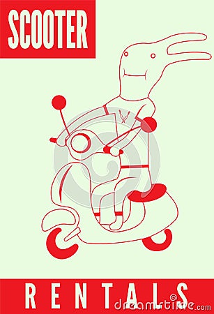 Scooter rentals poster. Funny cartoon rabbit riding a scooter. Vector illustration. Vector Illustration
