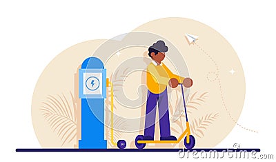 Scooter ride concept. Electric scooter on the background of a charging station. Modern flat illustration. Vector Illustration