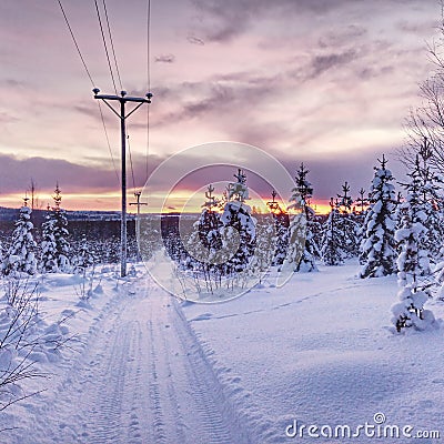 Scooter track and power line in remote place in Lapland Stock Photo