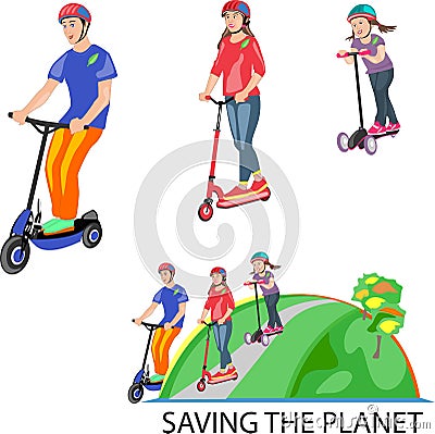 Scooters and funny people in ecological context Vector Illustration