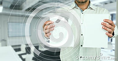 Scope scanning over mid section of a man holding blank papers at office Stock Photo