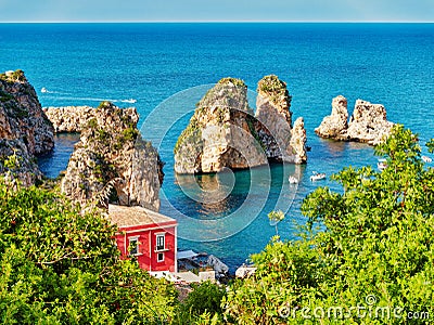 Scopello Sicily Italy Tonnara Tuna and Stacks amazing panorama seascape Stock Photo