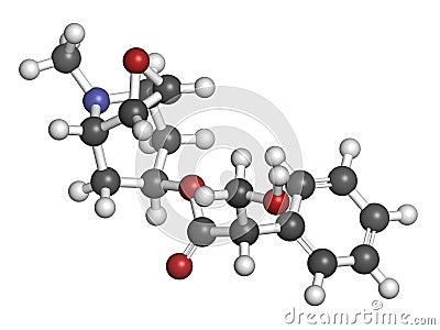 Scopolamine (hyoscine) anticholinergic drug molecule. Used in treatment of nausea, vomiting and motion sickness. Atoms are Stock Photo