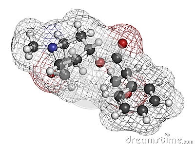 Scopolamine (hyoscine) anticholinergic drug molecule. Used in treatment of nausea, vomiting and motion sickness. Atoms are Stock Photo