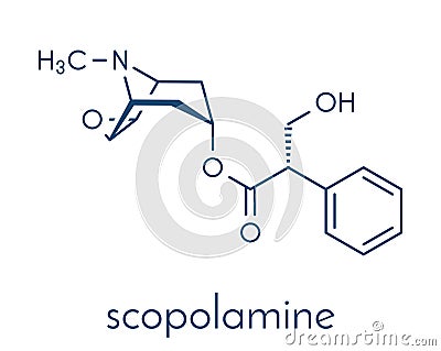 Scopolamine hyoscine anticholinergic drug molecule. Used in treatment of nausea, vomiting and motion sickness. Skeletal formula. Vector Illustration