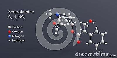 scopolamine molecule 3d rendering, flat molecular structure with chemical formula and atoms color coding Stock Photo