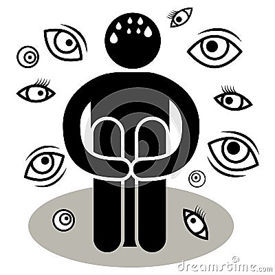 Scopophobia or scoptophobia. A man is afraid of being seen or stared at by others. Eyes Many Views. Silhouette Afraided man. Can Vector Illustration