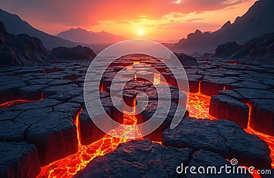 Scorched rock ground with molten lava cracks in sunset light. Volcanic landscape, generative AI. Apocalypse theme with burnt Stock Photo