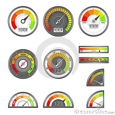 Score indicator. Speedometer indicators level score, scale panel accelerate rating, rate credit gauge vector set Vector Illustration