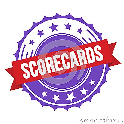 SCORECARDS text on red violet ribbon stamp Stock Photo