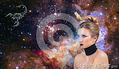 Scorpio Zodiac Sign. Astrology and horoscope, Beautiful woman Scorpio on the galaxy background Stock Photo