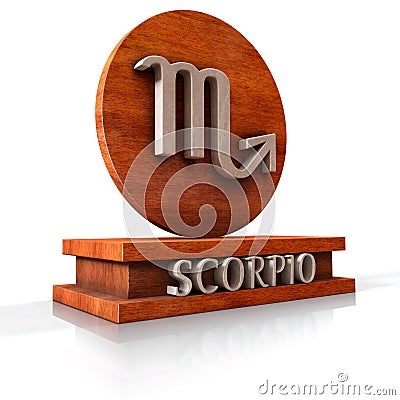 Scorpio zodiac sign. 3D illustration of the zodiac sign Scorpio made of stone on a wooden stand with the name of the sign at the b Cartoon Illustration