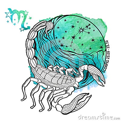 Scorpio zodiac sign.Horoscope circle.Watercolor Vector Illustration