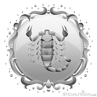 Scorpio zodiac sign with silver frame. Horoscope symbol. Vector Illustration