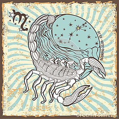 Scorpio zodiac sign.Vintage Horoscope card Vector Illustration