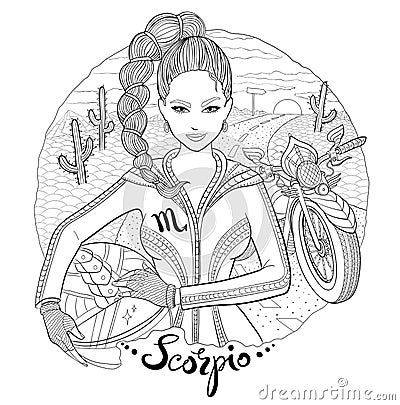 Scorpio zodiac sign young woman motorcyclist Vector Illustration