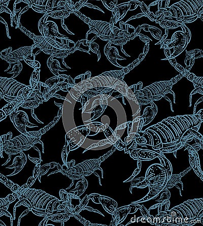 Scorpion hand drawing sketch pattern seamless. linear terrestrial arachnid background. Vector texture Vector Illustration