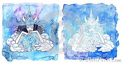 Scorpion zodiac symbol. Girl wearing ice crown as winter queen against painted blue background with snow Cartoon Illustration