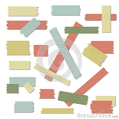 Scotch, color adhesive tape collection, different size pieces isolated on white background. Vector set of torn paper Vector Illustration