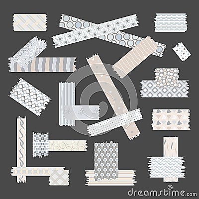 Scotch, color patterned adhesive tape collection, different size pieces isolated on dark background. Vector set of torn Vector Illustration