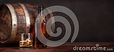 Scotch whiskey bottle, glass and old barrel Stock Photo