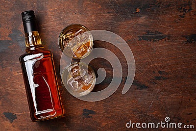 Scotch whiskey bottle and glasses Stock Photo