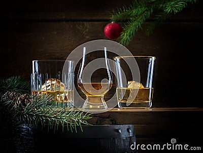 Scotch Whisky Neat and Rocks 3 Glasses Stock Photo