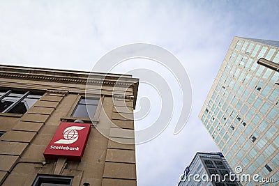 Scotiabank logo, in front of one of their banking center in Ottawa, Ontario. Editorial Stock Photo