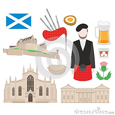 Scotland landmark. St Giles Cathedral and Edinburgh Castle. scottish food, bagpiper in kilt, flag and thistle Vector Illustration