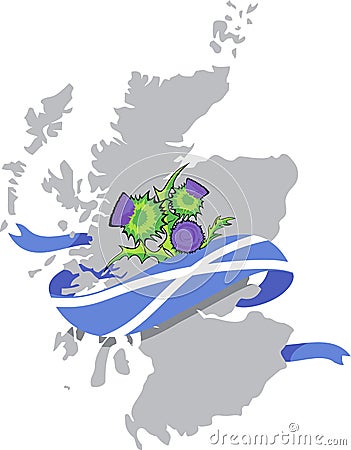 Scotland map with scottish flag and thistle flowers Vector Illustration