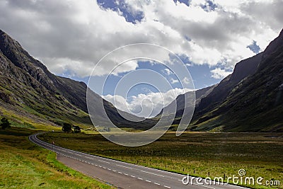 Road to Scotland-Three Sister Mountain range in Glencoe Stock Photo