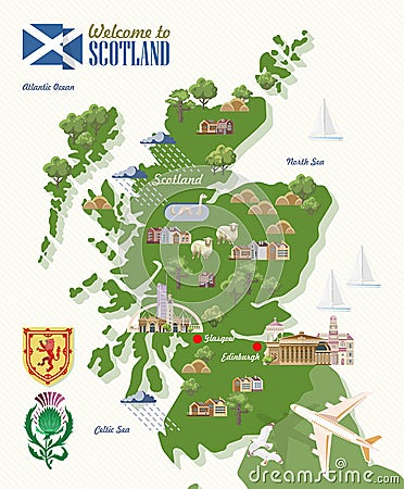 Scotland travel vector map in modern style. Scottish landscapes Vector Illustration