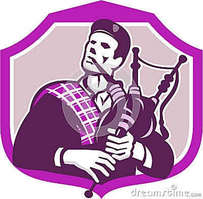 Scotsman Playing Bagpipes Shield Retro Vector Illustration