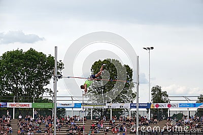 Pole Vault jump of Scott Houston at FBK games in Fanny Blankers Koen Stadium in Hengelo Editorial Stock Photo
