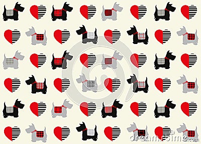 Scottie dogs with valentine hearts repeat pattern Vector Illustration