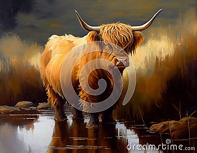 A Scottish Art: A Portrait of a Stubborn, Decisive Cow Standing in Deep, Wet Mud Stock Photo
