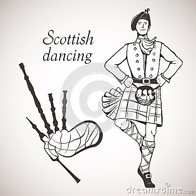 Scottish dancer and Bagpipes Vector Illustration