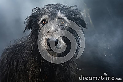 A Scottish deerhound portrait in a dark forest. Stock Photo